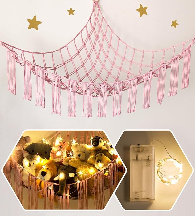 Stuffed Animal Hammock Corner Net with LED Light - Toy Storage Holder - Pink Cute Room Bedroom Decor for Teen Girls - Cute Bedroom Aesthetic Stuff for Baby Nursery Toddler Kids 8-10 - 12 Years Old
