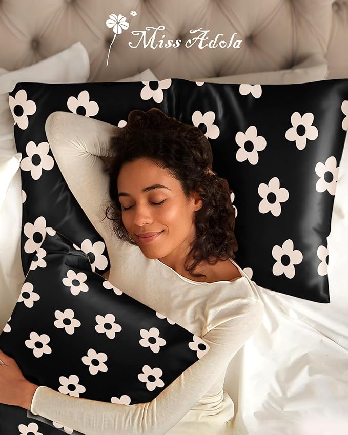 Silk Pillowcase 2 Pack - Cute Pillow Cases 20" x 26" Standard Size Set of 2 for Hair and Skin Smooth Soft Breathable with Hidden Zipper Cooling Pillow Covers for Sleeping, Black Flower