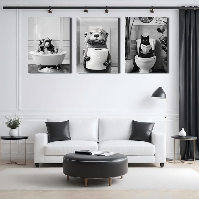 Framed Black and White Bathroom Wall Decor, Funny Animals Canvas Wall Art, Cute Otter Holding A Roll of Toilet Paper, Chimpanzee in Bathtub and Cat Reading Newspaper on the Toilet Pictures 16'' x 12''