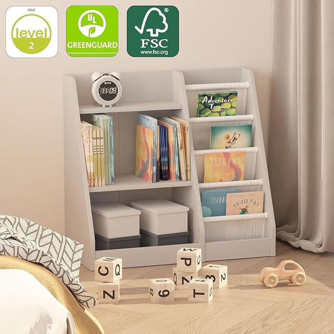 NACHES Montessori Kids Bookshelf Fabric Sling Pockets & Open Shelves – Front Facing Toddler Book Display and Toy Storage Organizer for Nursery Playroom or Bedroom 25" Wide (Gray, Small)