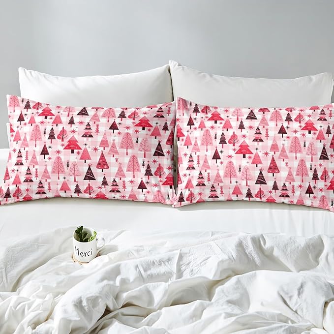 Manfei Cartoon Tree Duvet Cover Set Queen Size, Christmas Theme Bedding Set 3pcs for Kids Girls Adults, New Year Pink Plaid Comforter Cover Soft Polyester Quilt Cover with 2 Pillowcases,No Comforter