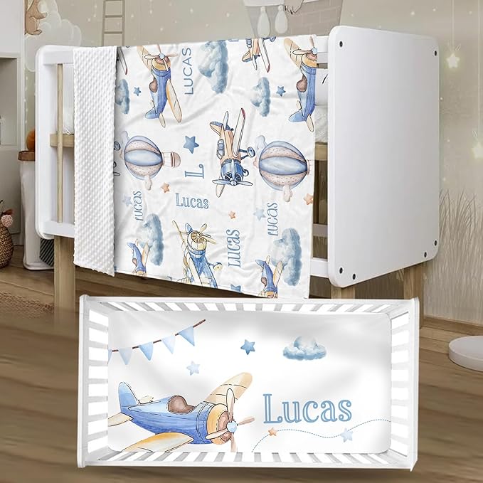 Personalized Crib Bedding Set for Boys Girls, Custom Baby Crib Sets with Name, Toy Airplane Design Nursery Bedding 2 Piece - Soft Blanket with Double Layer Dotted Backing, Crib Fitted Sheet