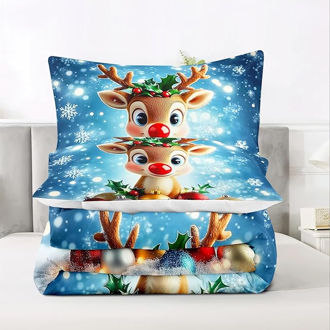 Raphus cucullatus Christmas Bedding King,Reindeer Christmas Decor Comforter Set,Holiday Bedding Winter Quilt,Snowflake Navidad Comforter Set King,Cute red Nose Reindeer Quilt