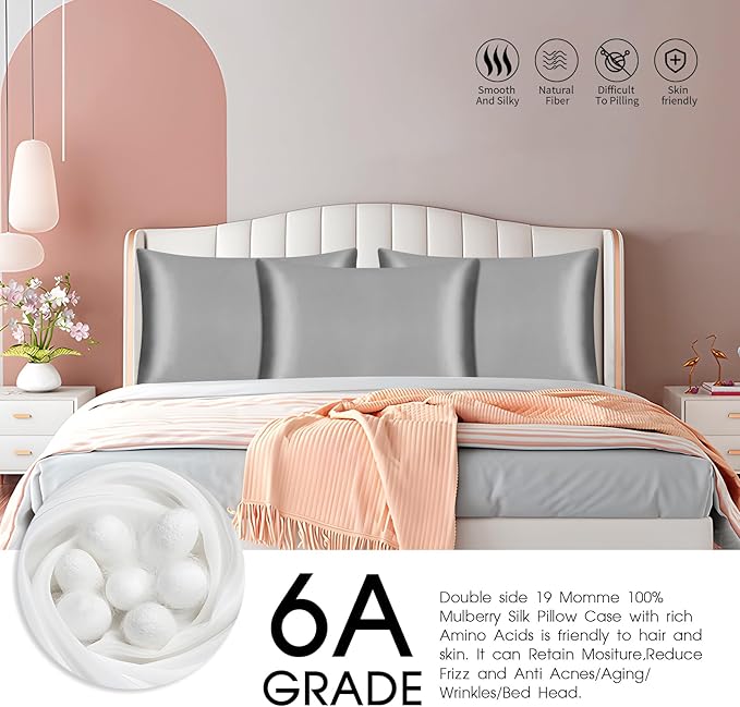 100% Mulberry Silk Pillowcase with Hidden Zipper,Both Sides Pure Silk Breathable Pillow Case for Hair and Skin,19 Momme Grade 6A,1pc,Light Gray,Queen Size 20x30 Inches