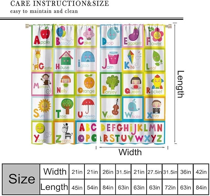 Kids Alphabet Curtains Cute Cartoon Education Learning Funny Teaching Words Curtain with Rod Pocket for Bedroom Nursery Home Decor Drapes Window Treatments 2 Panels Set 52" W X 84" L