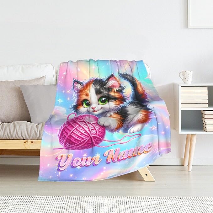 Personalized Blanket for Girls - Custom Cat Blankets for Cat Lovers - Comfy Plush Kitten Theme Stuff Gifts for Sofa, Living Room