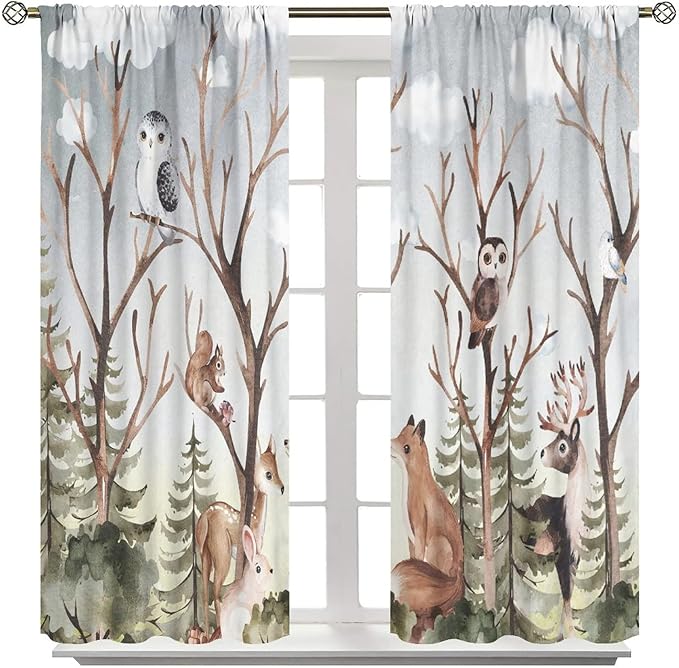 Forest Curtains, Cartoon Woodland Animals Tree Birds Moose Rabbit Mushroom Print Pattern Kids Bedroom Window Treatments Curtains 63x72in