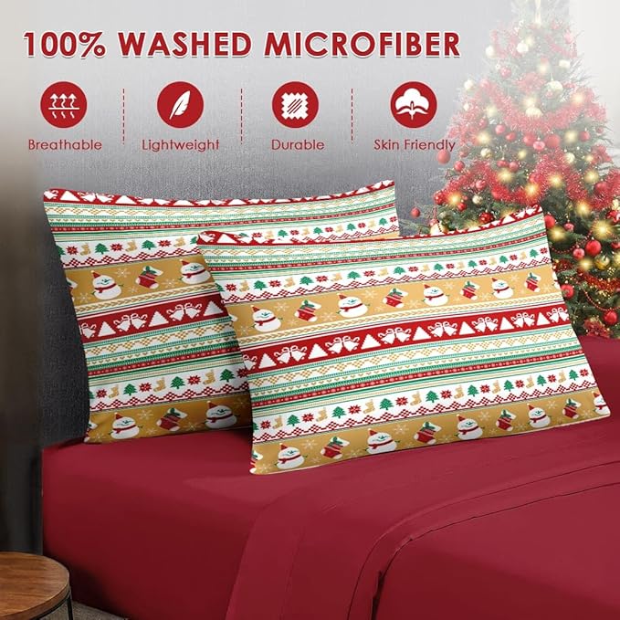 7 Pcs Queen Size Christmas Comforter Set with 2 Pillowcases & 2 Shams, Cute Snowman Bedding for Kids and Adults, Snowflake Xmas Socks Bed in a Bag with Flat Fitted Sheet