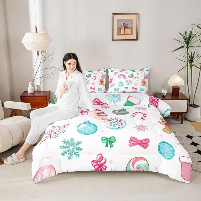 Feelyou Candy Cane Comforter Set Full Size Christmas Ornament Bedding Set for Kids Boys Girls Snowflake Duvet Quilt Festive Bow Bedroom Decor Christmas Stocking Microfiber 3 Pcs with 2 Pillow Cases