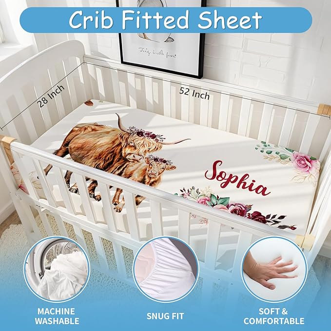 Personalized Name Baby Crib Bedding Set, 5 Pcs Custom Highland Cow Nursery Bedding Sets for Baby Girls Boys, Soft Double Layer Blanket, Newborn Infant, Toddler Crib Set