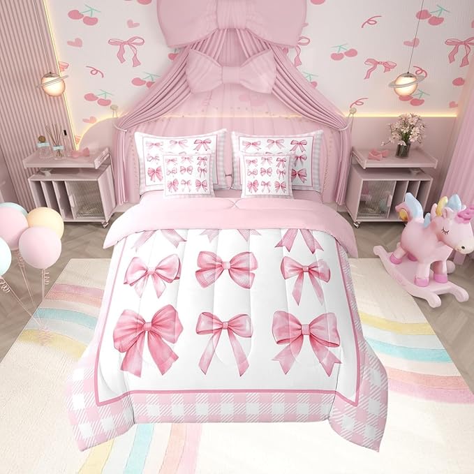 7 Pieces Pink Bowknot Kids Comforter Queen,Geometric Plaids Grids Patchwork Fashion Bedding Set,Bow Tie Knot Princess Romantic Chic（Comforter+Fitted+Flat Sheet+2 Pillowcases+2 Throw Pillow Covers）