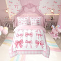 7 Pieces Pink Bowknot Kids Comforter King,Geometric Plaids Grids Patchwork Fashion Bedding Set,Bow Tie Knot Princess Romantic Chic（Comforter+Fitted+Flat Sheet+2 Pillowcases+2 Throw Pillow Covers）