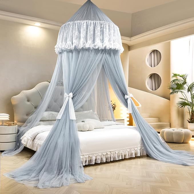 AIKASY Princess Bed Canopy for Girls – Double Layer Sheer Mesh Dome with Romantic Lace Trim, Dreamy Mosquito Net Tent for Twin/Full/Queen/King Beds(Lightgrey)