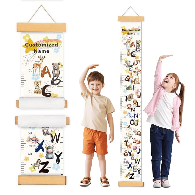 Personalized Name Growth Chart Wall Decor for Kids – Canvas Removable Height Chart Measuring Ruler 59" x 7.9" (Cute Letters)