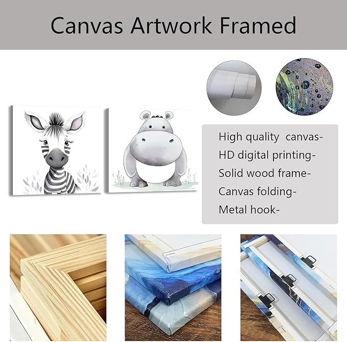 Baby Animal Framed Canvas Wall Art Set of 2 - Cute Baby Zebra Hippo Paintings Pictures Nursery Decor Wild Animals Posters Prints for Living Room Kids Room Decor(Artwork-01, 24"x24"x2P)