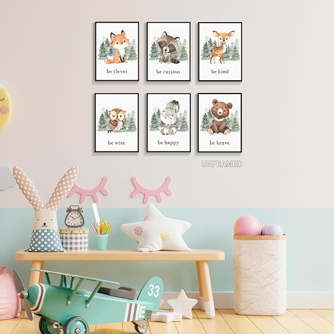 gooptyinh Woodland Nursery Animal Canvas Wall Art, 6 Piece Inspirational Forest Animals Print Posters, Motivational Quotes Cute Bear Fox Rabbit Deer Raccoon Owl Decor for Baby Bedroom 12x16in Unframed