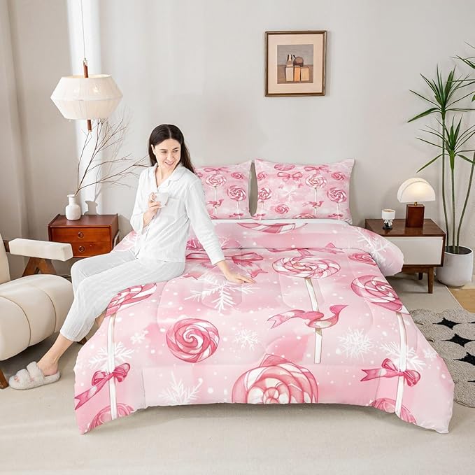 Feelyou Pink Bow Comforter Set Twin Size Pink Lollipops Bedding Set for Kids Boys Girls Watercolor-Style Duvet Quilt Xmas Snowflake Bedroom Decor Christmas Microfiber 2 Pcs with 1 Pillow Cases