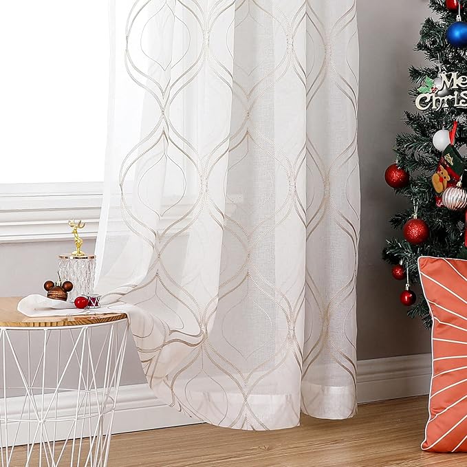 VISIONTEX White Sheer Curtains 95 Inches Long 2 Panels Set Brown Moroccan Embroidered Curtains Trellis French Textured Rod Pocket Voile Tulle Semi Window Drapes for Bedroom Living Room 54 x 95 Inches