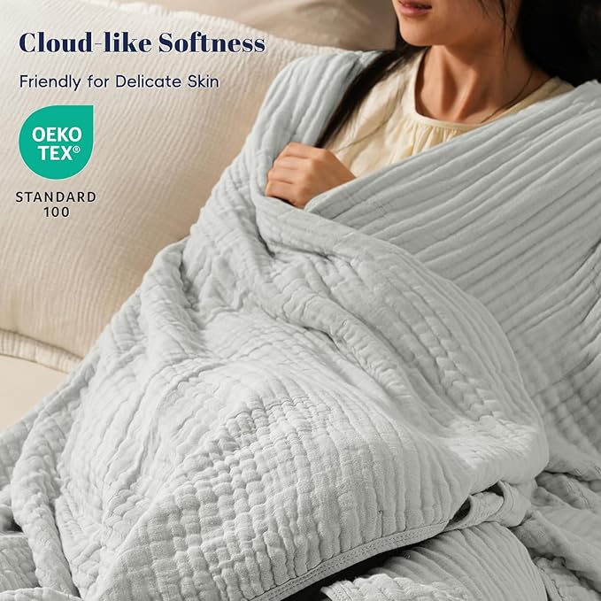 PHF Cooling Muslin Blanket King Size 104"x80", 6-Layer Lightweight Gauze Blanket Made from 35% Rayon Derived from Bamboo & 65% Cotton, Breathable & Ultra Soft Cozy, Aesthetic Home Decor, Harbor Mist
