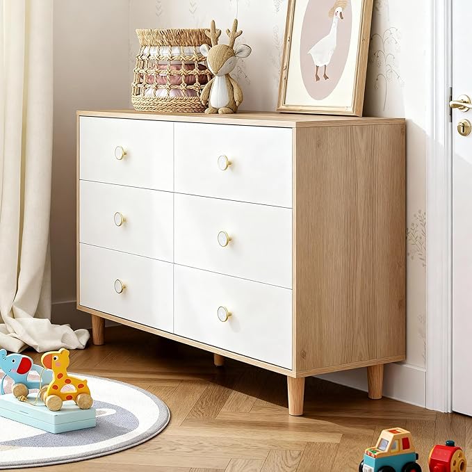 White Dresser for Bedroom, 6 Drawer Dressers with Solid Wood Legs, Baby Dresser for Kids, Storage for Clothes and Baby Essentials