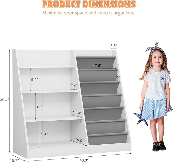 NACHES 4 Tier Kid Bookshelf Wooden 6 Sling Children Bookcase Toddler Montessori Bookcase Book Rack Display Toy Storage Organizer Book Display Shelf Stand Classroom Bedroom Nursery Playroom(White)