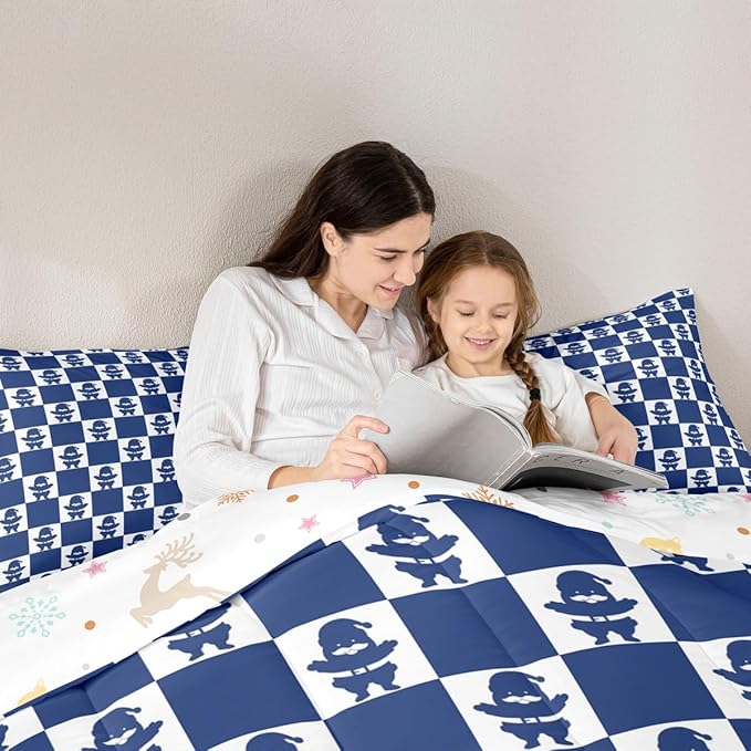 Feelyou Christmas Comforter Set Full Size Checkered Bedding Set for Kids Boys Girls Santa Claus Duvet Quilt Xmas Decorations Bedroom Decor Blue Microfiber 3 Pcs with 2 Pillow Cases