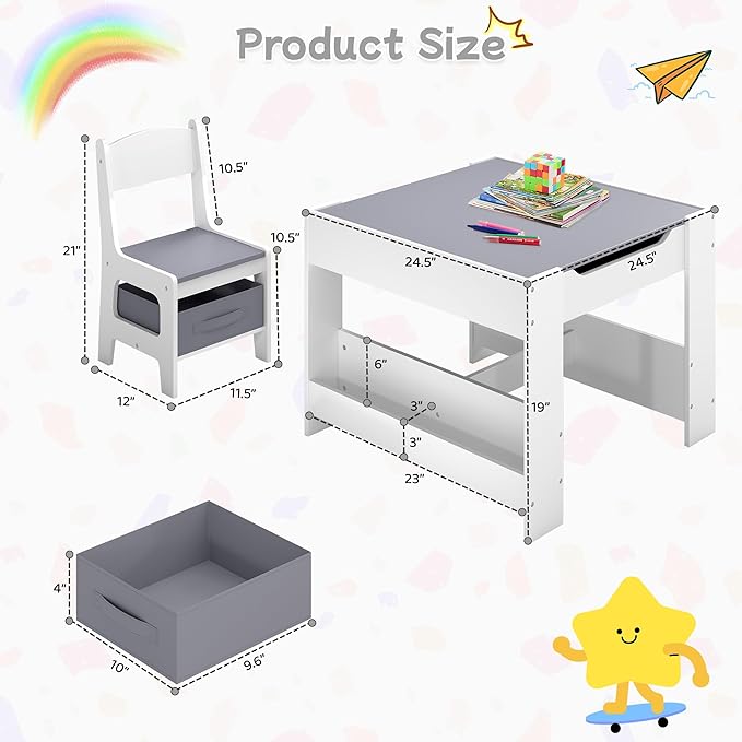 Kids Table and Chair Set, 4 in 1 Wooden Activity Table with Detachable Tabletop, Toddler Table and Chair Set with Storage Drawer/Bookshelves, Kids Play Table for Art, Drawing, Eating, Reading