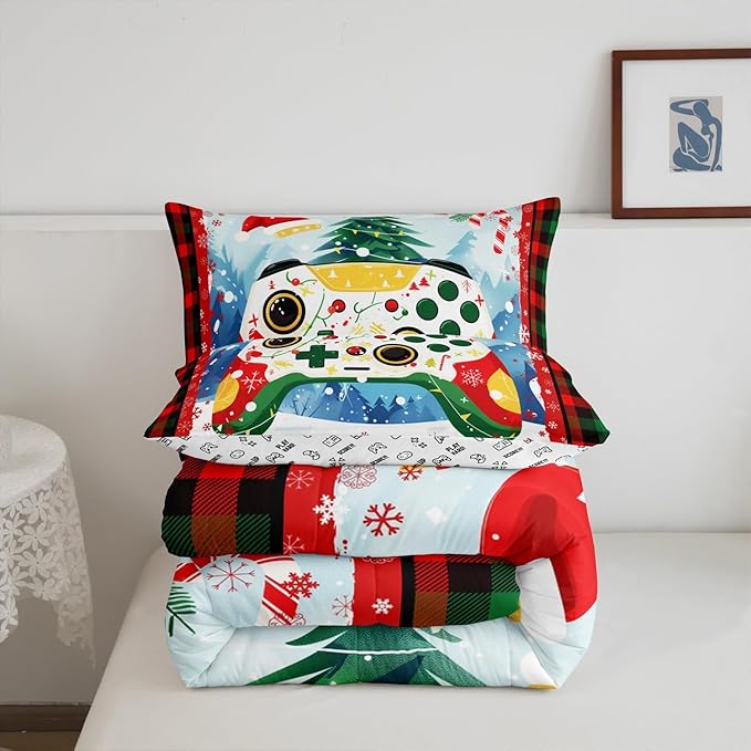 Gamer Gaming Comforter Set Twin Size,Christmas Tree Snowflake Bedding Set for Kids Boys Girls Room Decor,Video Games Christmas Theme Quilt Set 2Pcs,Red Green Plaid Xmas Duvet Insert,1 Pillowcase