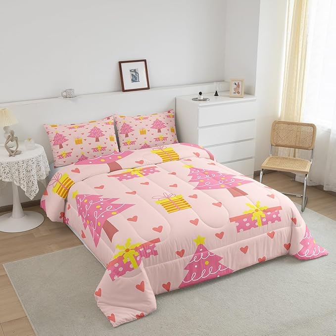 Erosebridal Merry Xmas Quilts Twin Size Pink Christmas Tree Comforter Set Reversible Cartoon Style Bedding Set Happy New Year Duvet Insert for Boys Kids Bedroom Decor with 1 Pillow Case