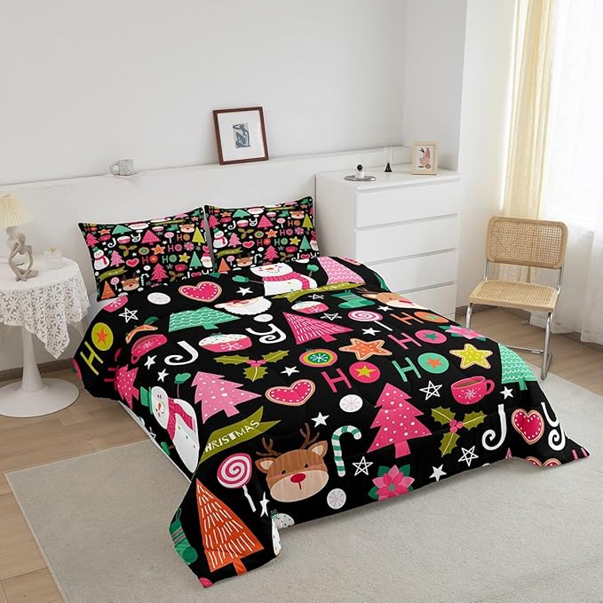 Merry Christmas Kids Comforter Set Queen Size,Cartoon Santa Claus Snowman Xmas Bedding Set,Boys Girls Adults Room Decor,Christmas Trees Deer Cute Down Comforter,Colorful Duvet Insert,2 Pillowcases