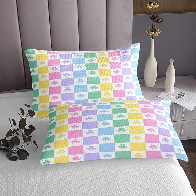 Manfei Lucky Clover Kids Bedspread Twin Size,Colorful Geometric Checkered Grids Coverlet Set,Girls Women Room Decor,Four Leaf St. Patrick's Day Quilted Coverlet,Kawaii Bedding Quilt,1 Pillowcase