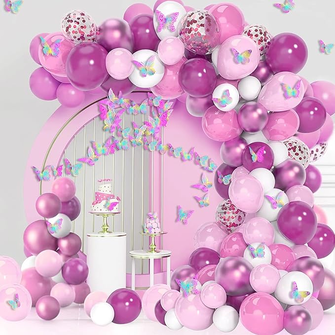 3D Butterfly Wall Decor 3 Sizes 4 Styles Butterfly Party Decorations Cake Decorations Removable Stickers Wall Decor Room Mural Metallic Kids (Laser Pink Purple, 96Pcs)