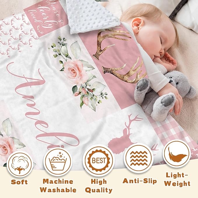 Personalized Baby Blanket with Name, Custom Pink Woodland Deer Blanket for Kids, Soft Flannel Bed Throw Blanket Swaddle for Newborn, Customizable Baby Gift & Nursery Blanket(30”x40)