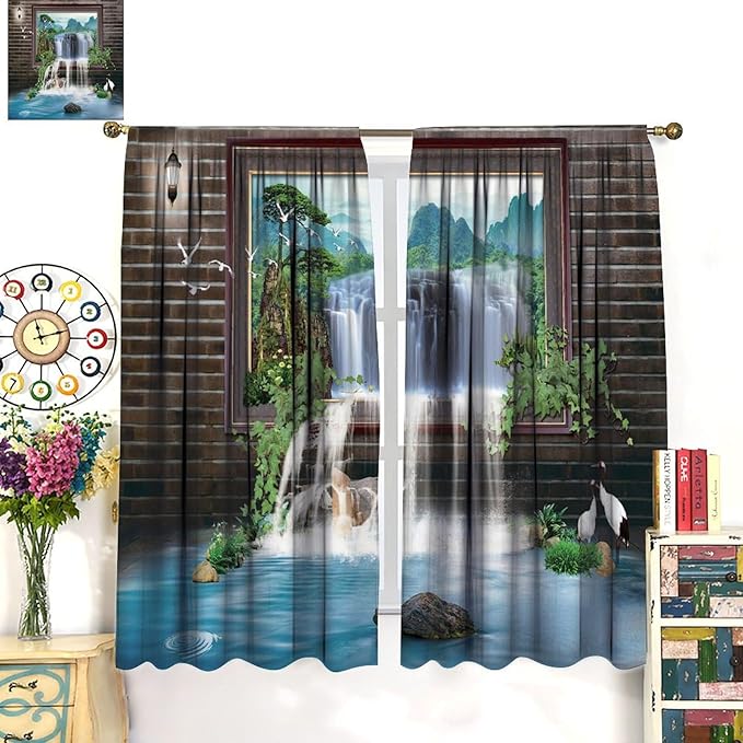 Waterfall Blackout Window Curtains, Tropical Rainforest Jungle Plants Forest Wild Nature Landscape Window Drapes, for Living Room Bedroom 42x54in 2 Panels