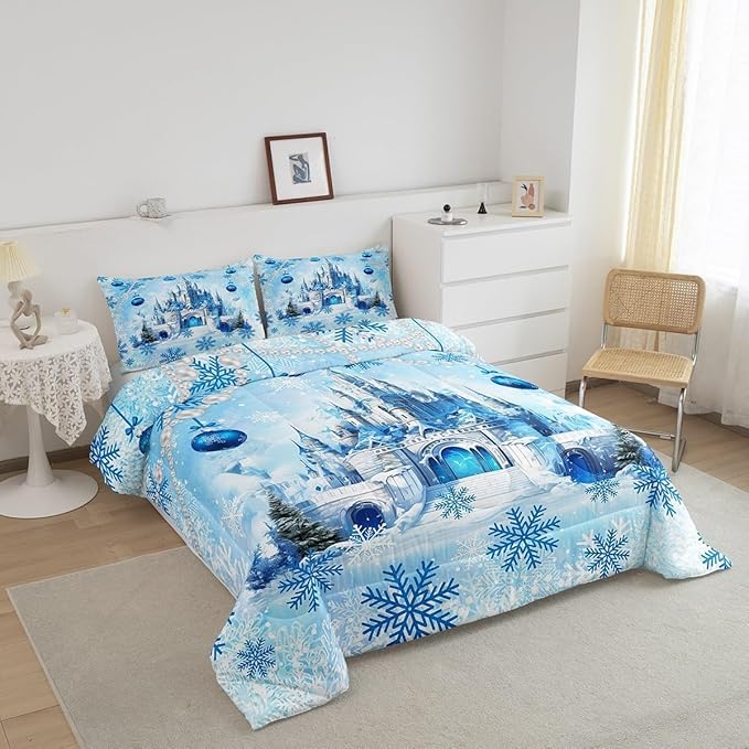Xmas Dreamy Castle Comforter Set Toddler Size,Princess Style Blue Winter Snowflakes Bedding Set for Kids Boys Girls,Fairy Tale Theme Watercolor Christmas Quilted Set with 1 Pillowcase