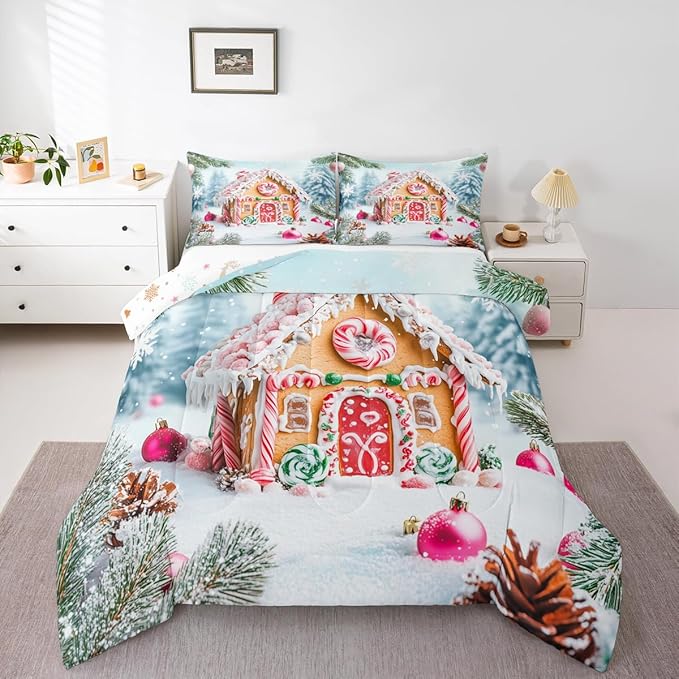 Feelyou Christmas Snowscape House Landscape Bedding Set Soft for Boys Girls,Gingerbread House Comforter Set Twin Size Candy Canes Duvet Quilt Pine Branches Bedroom Decor 2 Pcs with 1 Pillow Cases