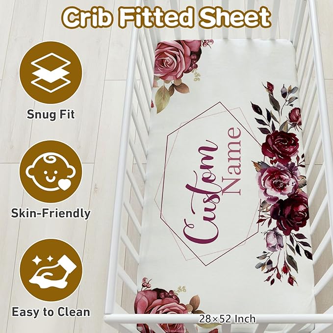 Custom Name Crib Bedding Set, 3 Pcs Personalized Baby Crib Bedding Set, Soft Red Rose Nursery Crib Sets for Boys Girls, Double Layer Toddler Bedding Set Customized Gifts for Newborn Kids