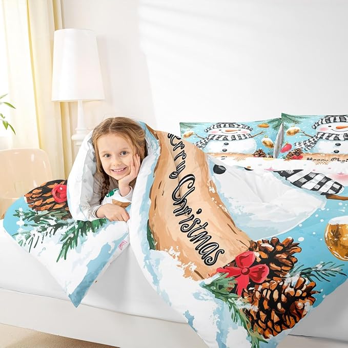 Feelyou Merry Christmas Comforter Set Queen Size Cute Snowman Bedding Set for Kids Boys Girls Snowflake Duvet Quilt Winter Bedroom Decor Microfiber 3 Pcs with 2 Pillow Cases