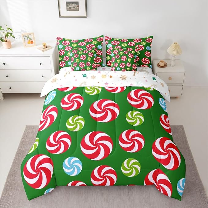 Feelyou Christmas Candy Comforter Set Queen Size 7 Pieces Cute Swirl Candy Bedding Set for Kids Boys Girls Red and Green Blue Sweet Bed in a Bag Reversible Xmas Decor Bedroom Quilted Breathable Soft