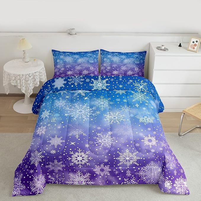 Feelyou Christmas Bedding Set Soft for Boys Girls, Winter Snowflake Comforter Set Toddler Size Purple Blue Gradient Duvet Quilt Microfiber Bedroom Decor 2 Pcs with 1 Pillow Cases