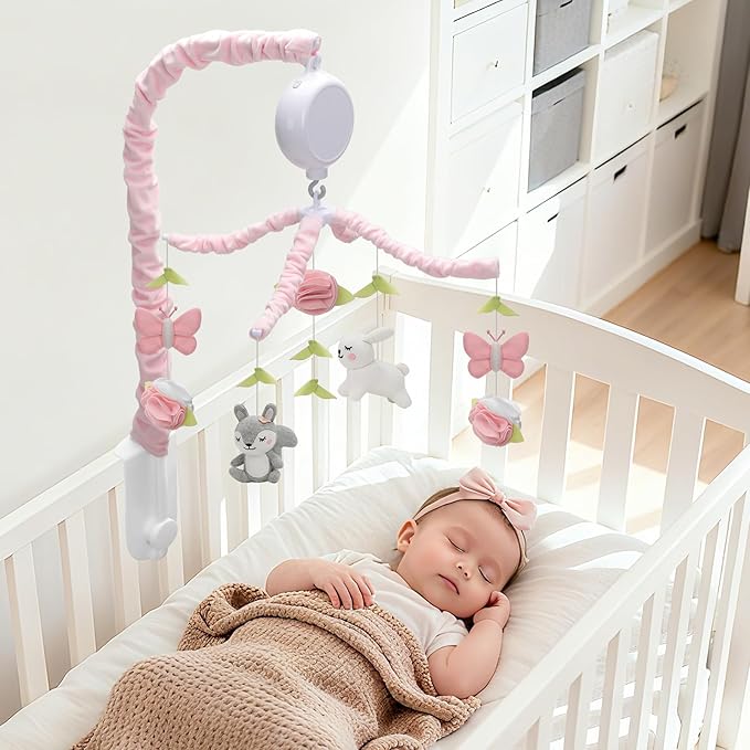 Baby Crib Mobile for Girls, Soft Knitted Woodland Characters Rabbit Squirrel, Pink and White Nursery Decor, Calming Soother with 12 Lullabies Essential and Perfect Gift for Girls