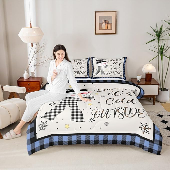 Christmas Snowman Kids Comforter Set Queen Size,Snowflake Christmas Holiday Bedding Set,Girls Boys Adults Xmas Decor,Geometric Grids Lattices Down Comforter,Blue Rustic Duvet Insert,2 Pillowcases