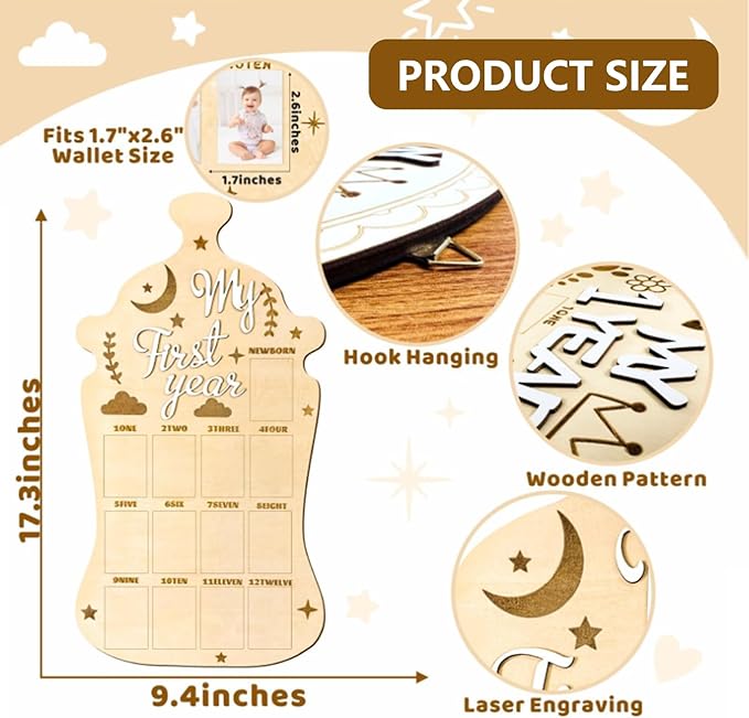 My First Year Photo Board, 2-Pack Wooden Milk Bottle Shape Baby Milestone Frame with 2 Nails Each, 17.3x9.4 Inch