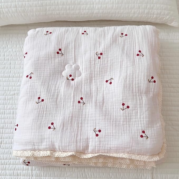 BuLuTu 1 Piece Baby Toddler Muslin Quilt Blanket 47x59 Inches, Crib Comforter Cute Cherry Print Quilted Blankets for Boys Girls Toddler Comforter, Soft Breathable, Machine Wash