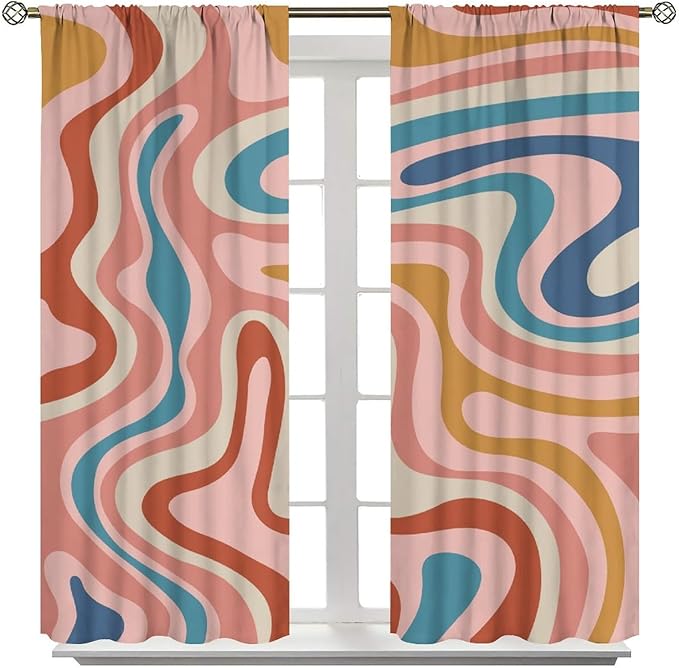 70S Abstract Wavy Swirl Curtain for Bedroom Windows,Retro Boho Minimal Teen Girls Kids Living Room Restroom Window Treatments Drapes 55" W X 63" L