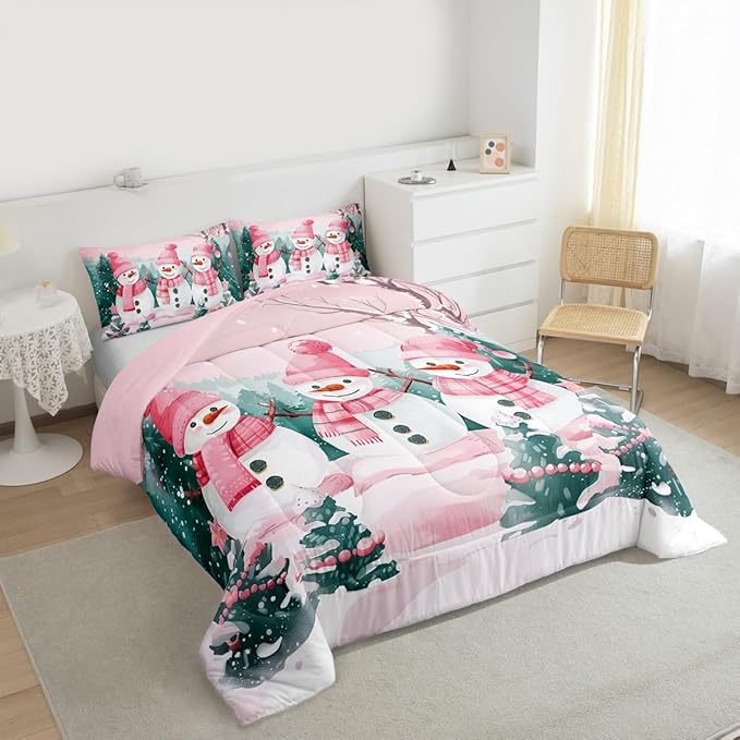 Feelyou Pink Christmas Kids Comforter Set King Size Merry Christmas Tree and Snowman Bedding Set Cute Snowman Duvet Quilt for Kids Boys Girls Bedroom Xmas Snowflake Decor Kawaii Ultra Soft Breathable