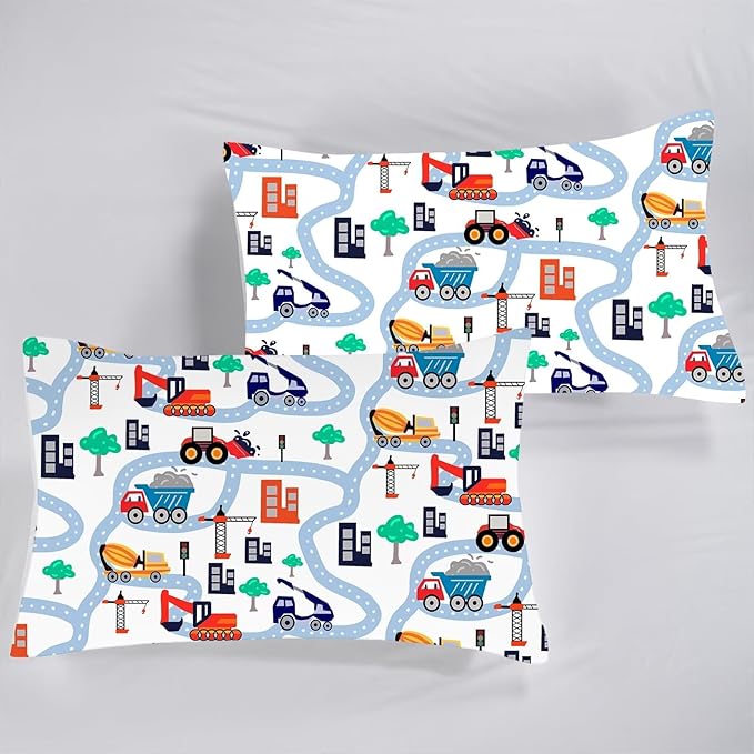 Cars Comforter Set Queen: Cartoon Truck Bedding for Boys Kids Teen Men Bedroom Construction White Dorm Quilt 1 Comforter + 2 Pillow Cases