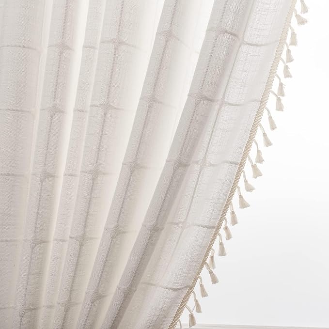 Deeprove Boho Plaid Curtains 63 inch for Home Office Kitchen Nursery, Semi Blackout Casual Farmhouse Tassels Window Treatment Bohemian Embroidery Drape Rod Pocket 1 Panel 52 W x 63 L, Cream White