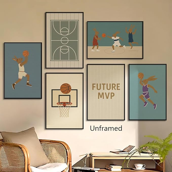 Basketball Canvas Wall Art, Nursery Animal Sports Posters, Bunny Rabbit Athletes Pictures, Positive Quote Print, Kids Bedroom Basketball Court & Hoop Decor 16x24in Unframed