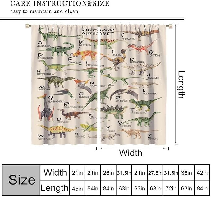 Dinosaur Curtains Cartoon Dino ABC Alphabet Pattern Educational Learning Theme Curtain with Rod Pocket for Kids Nursery Playroom Bedroom Drapes Window Treatments 2 Panels Set 72" W X 63" L